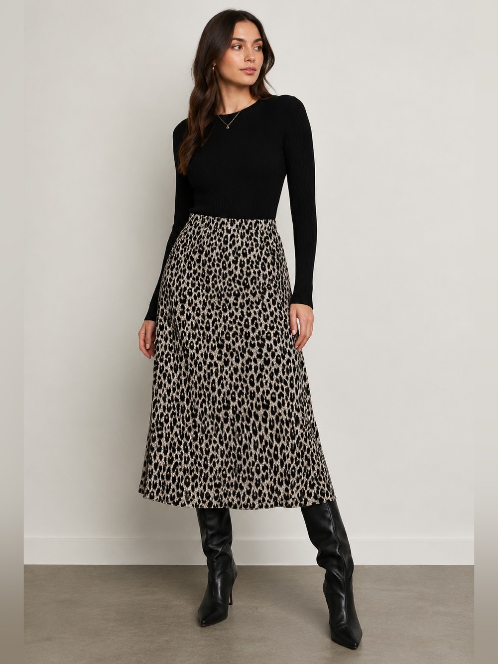 SHEIN Leopard Print A-Line Midi Skirt - Black & Grey